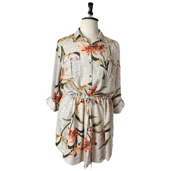 Chico’s Top Tunic Drawstring Waist Collared Tropical Floral Size 4 - Women’s XL - Picture 1 of 13